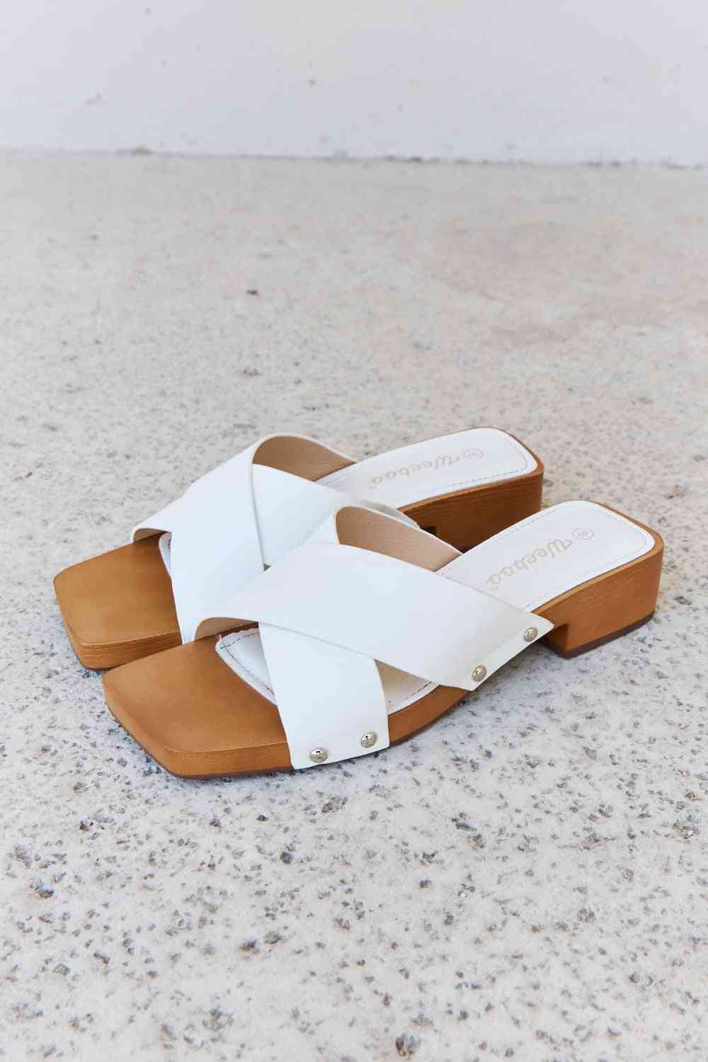 Weeboo Step Into Summer Criss Cross Wooden Clog Mule in White - EMMY