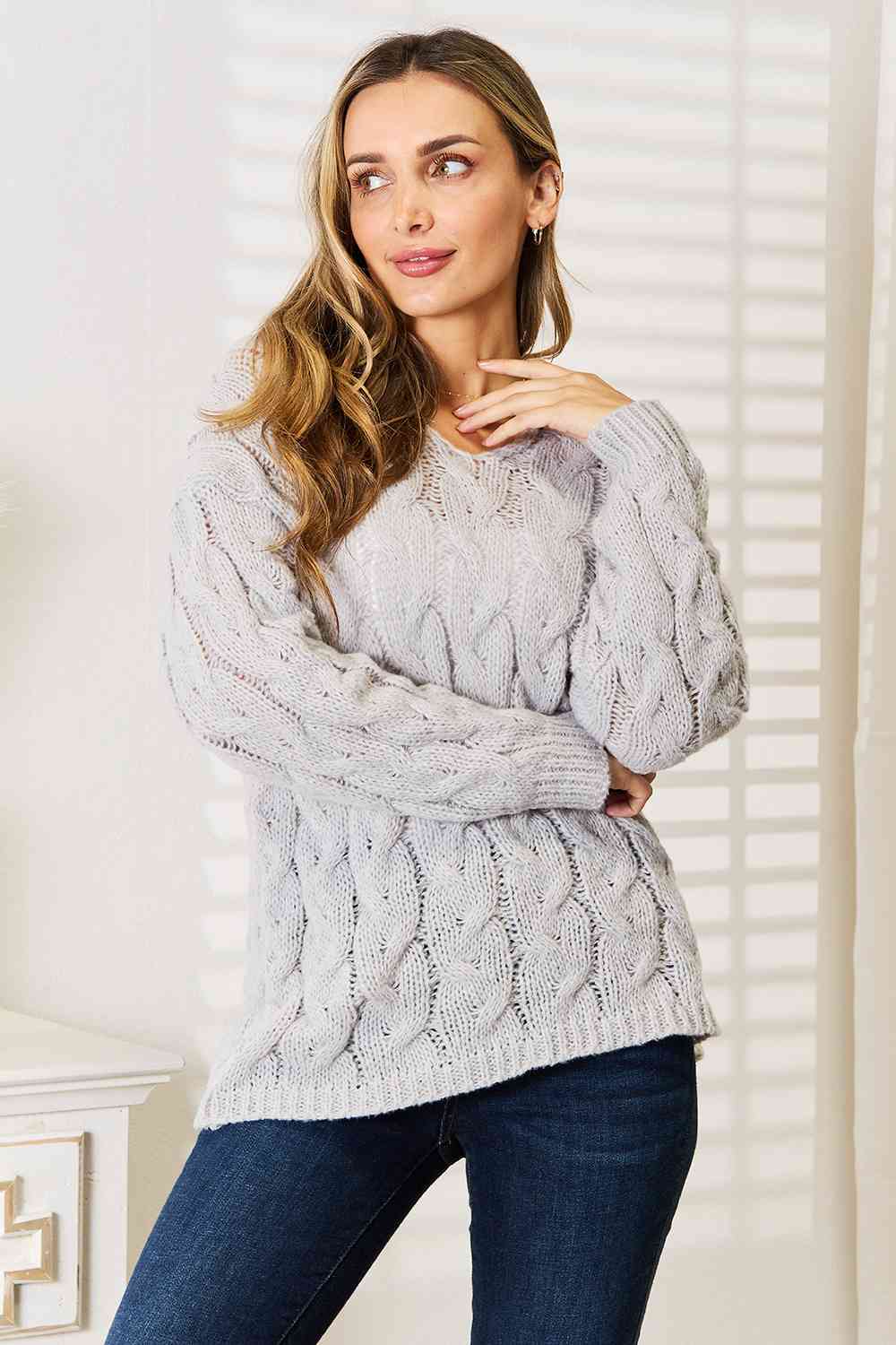 Woven Right Cable-Knit Hooded Sweater - EMMY