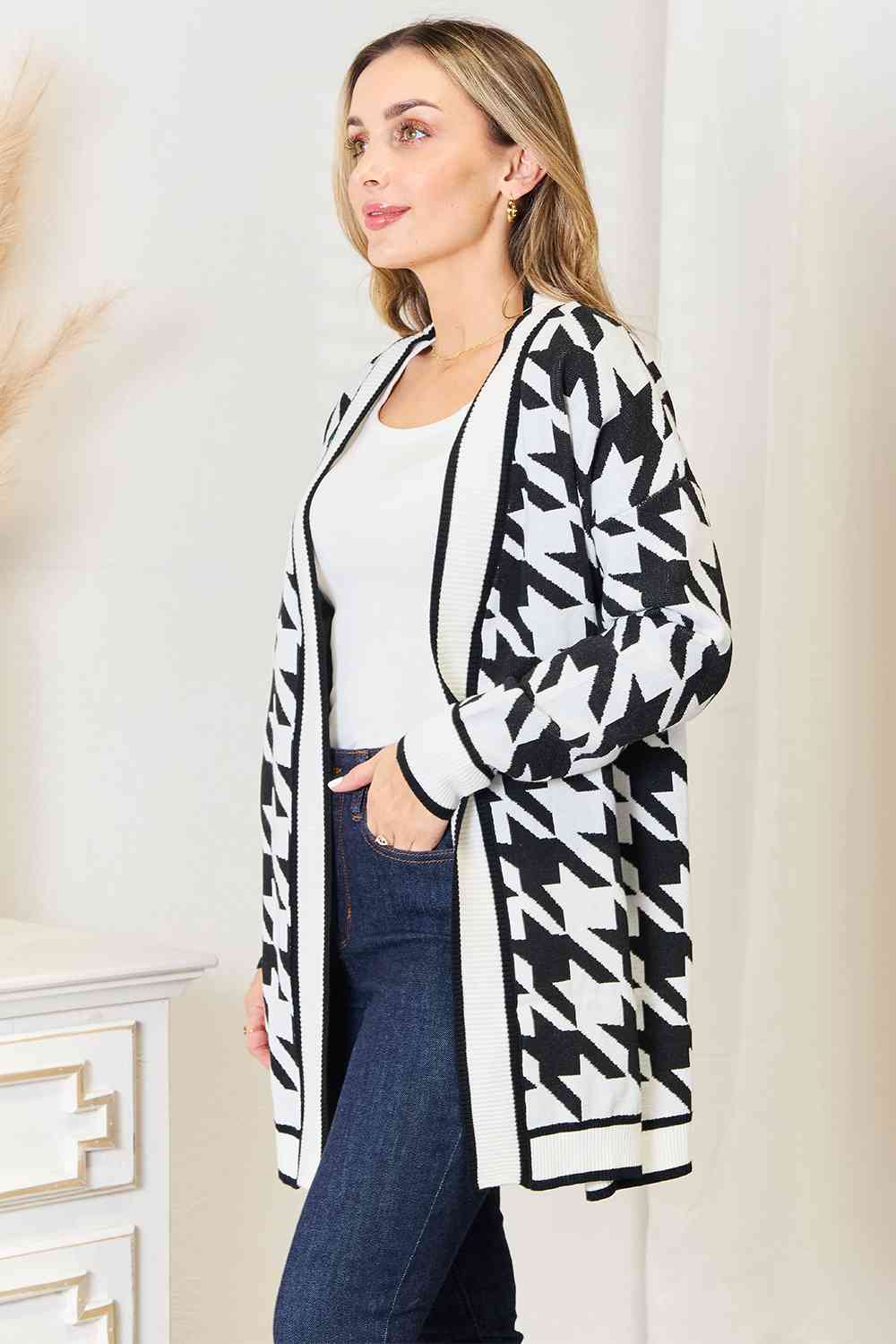 Woven Right Houndstooth Open Front Longline Cardigan - EMMY
