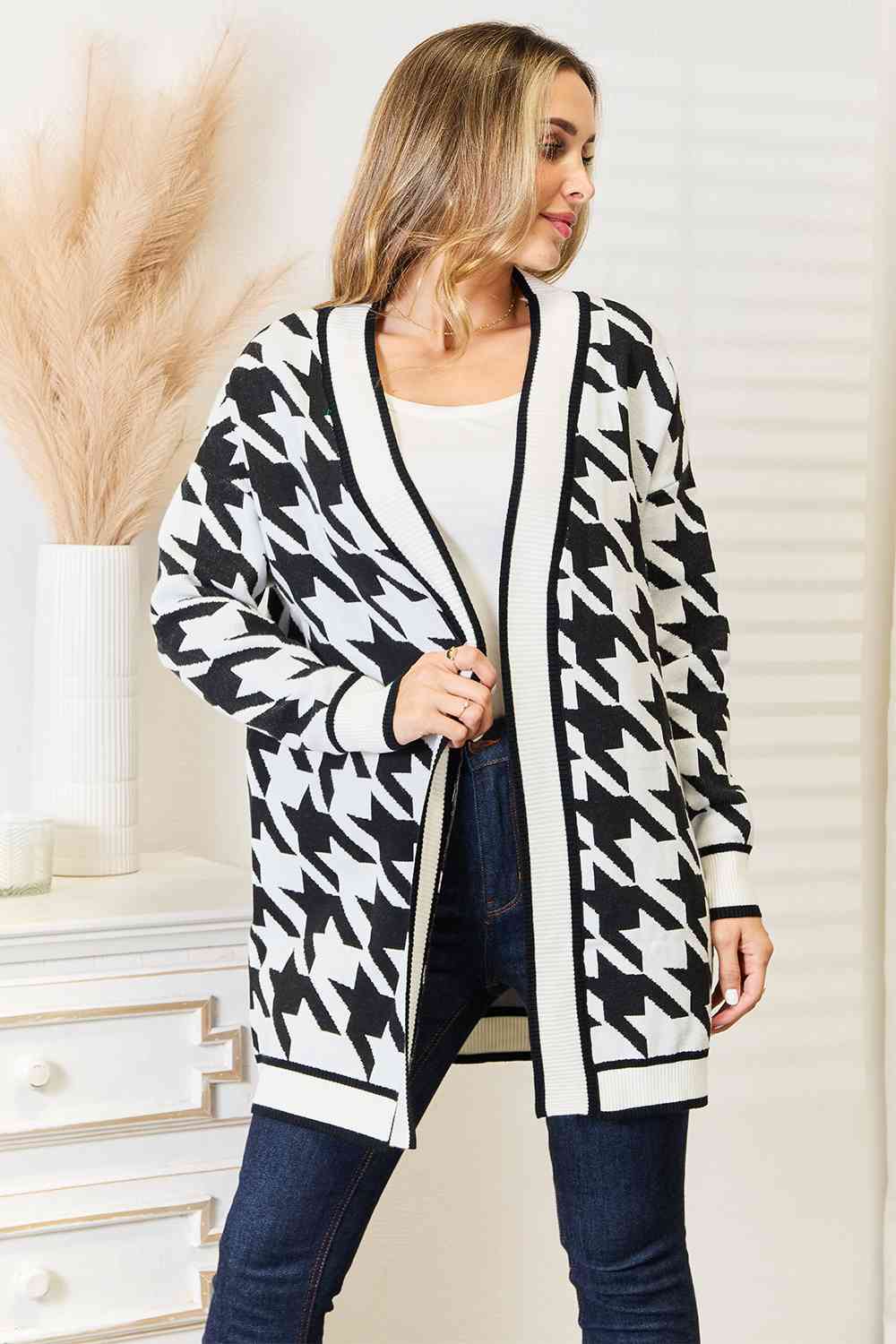 Woven Right Houndstooth Open Front Longline Cardigan - EMMY