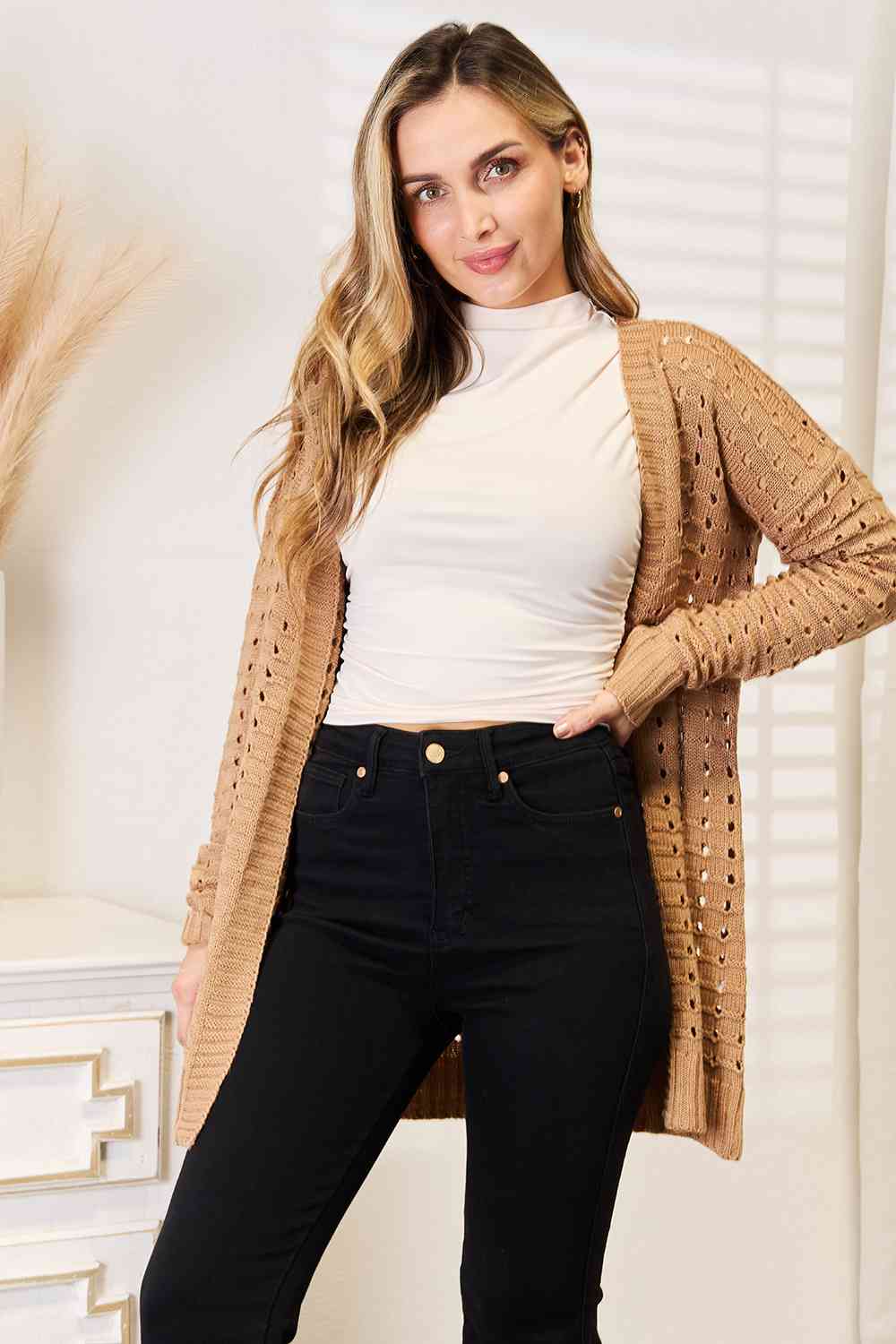 Woven Right Openwork Horizontal Ribbing Open Front Cardigan - EMMY