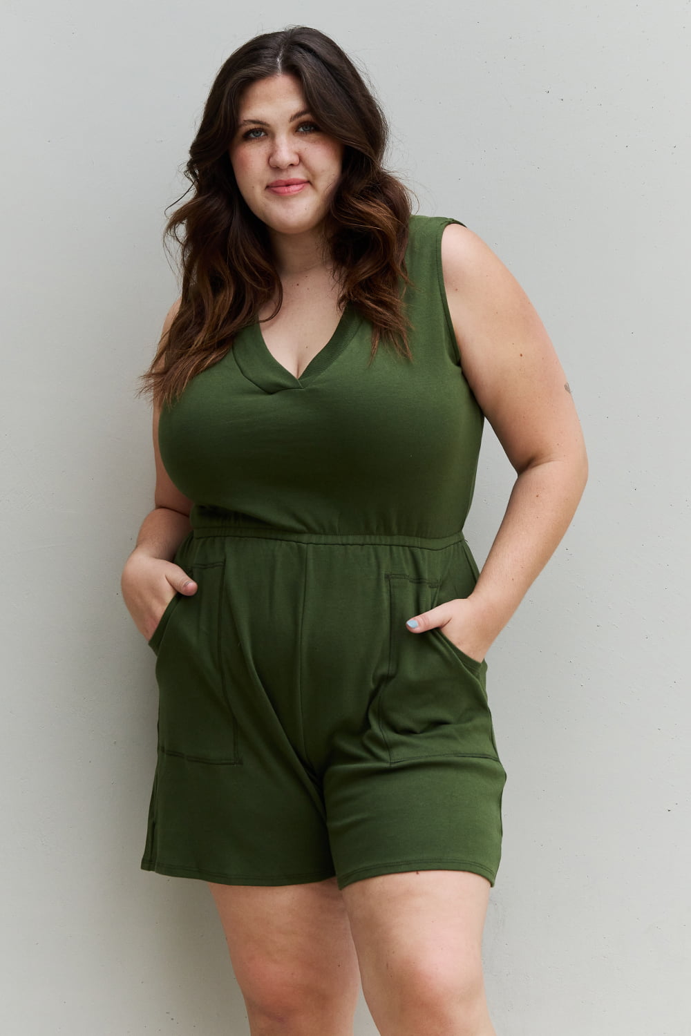 Zenana Forever Yours Full Size V-Neck Sleeveless Romper in Army Green - EMMY