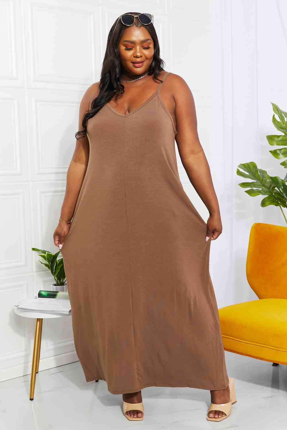 Zenana Full Size Beach Vibes Cami Maxi Dress in Mocha - EMMY