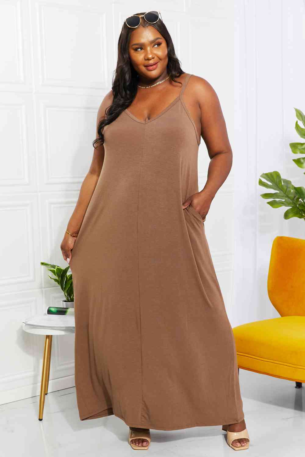 Zenana Full Size Beach Vibes Cami Maxi Dress in Mocha - EMMY