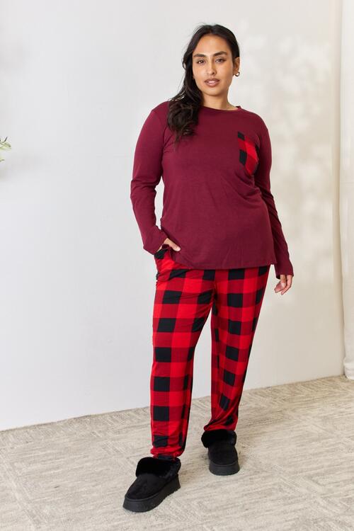 Zenana Full Size Plaid Round Neck Top and Pants Pajama Set - EMMY