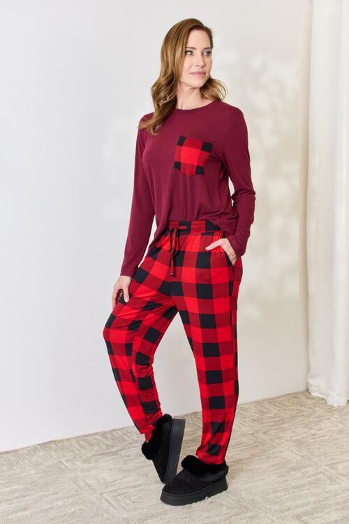 Zenana Full Size Plaid Round Neck Top and Pants Pajama Set - EMMY