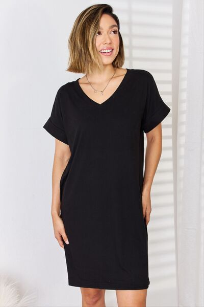Zenana Full Size Rolled Short Sleeve V-Neck Dress - EMMY
