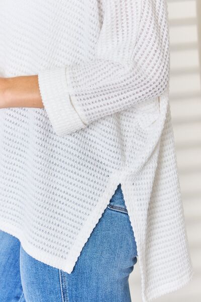 Zenana Full Size Waffle Knit V-Neck Long Sleeve Slit Top - EMMY